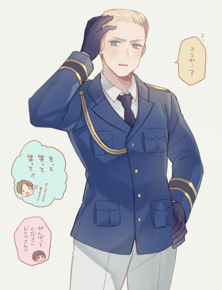 3boys ahoge axis_powers_hetalia black_gloves black_hair blonde_hair blue_eyes blue_jacket blush breast_pocket brown_eyes brown_hair buttons closed_eyes closed_mouth collared_shirt commentary_request cowboy_shot formal_clothes germany_(hetalia) gloves hand_on_own_head hand_on_own_hip hand_up jacket japan_(hetalia) lapels long_sleeves looking_at_another male_focus multiple_boys necktie northern_italy_(hetalia) open_mouth pants pocket purple_necktie shio_konbu_(syoko128) shirt short_hair simple_background smile solo_focus speech_bubble standing suit_jacket sweatdrop translation_request v-shaped_eyebrows white_background white_pants white_shirt