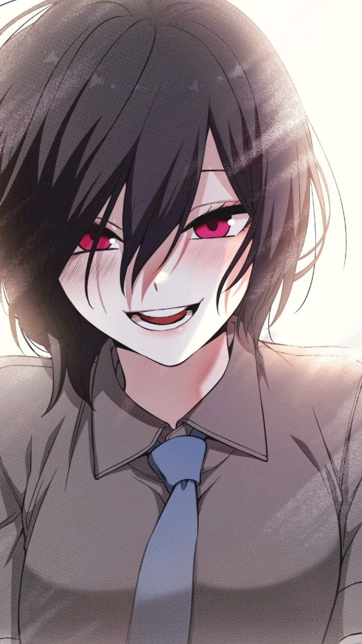 1girl black_hair blush brown_shirt female_focus happy highres looking_at_viewer red_eyes shirt short_hair smile smiley_face suna_byul webtoon_character_na_kang_lim white_background