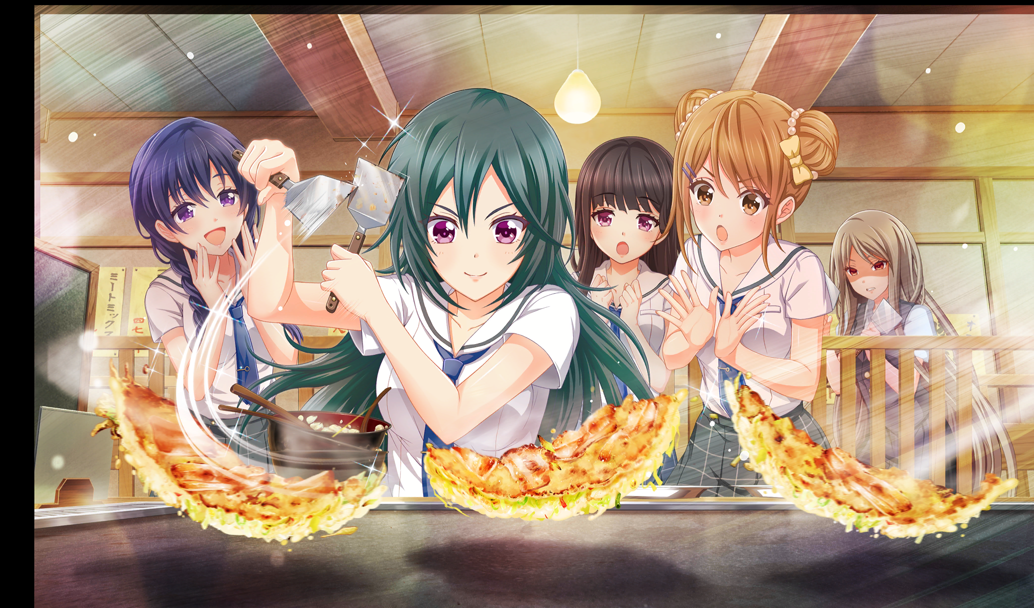 5girls :d beads black_hair blue_hair blue_necktie bow braid brown_eyes brown_hair cinderella_series clenched_teeth closed_mouth cooking double_bun food game_cg green_hair grey_skirt griddle hachigatsu_no_cinderella_nine hair_beads hair_bow hair_bun hair_ornament hairclip hands_up highres hiiragi_kotoha holding holding_spatula indoors jinguji_sayaka kondou_saki light_brown_hair long_hair looking_at_food low_twin_braids multiple_girls nagai_kanako necktie nitta_minako non-web_source official_art okonomiyaki open_mouth plaid_clothes plaid_skirt pleated_skirt purple_eyes sailor_collar satogahama_school_uniform school_uniform serafuku shaded_face shirt short_sleeves skirt smile sparkle spatula summer_uniform teeth twin_braids v-shaped_eyebrows white_sailor_collar white_shirt yellow_bow