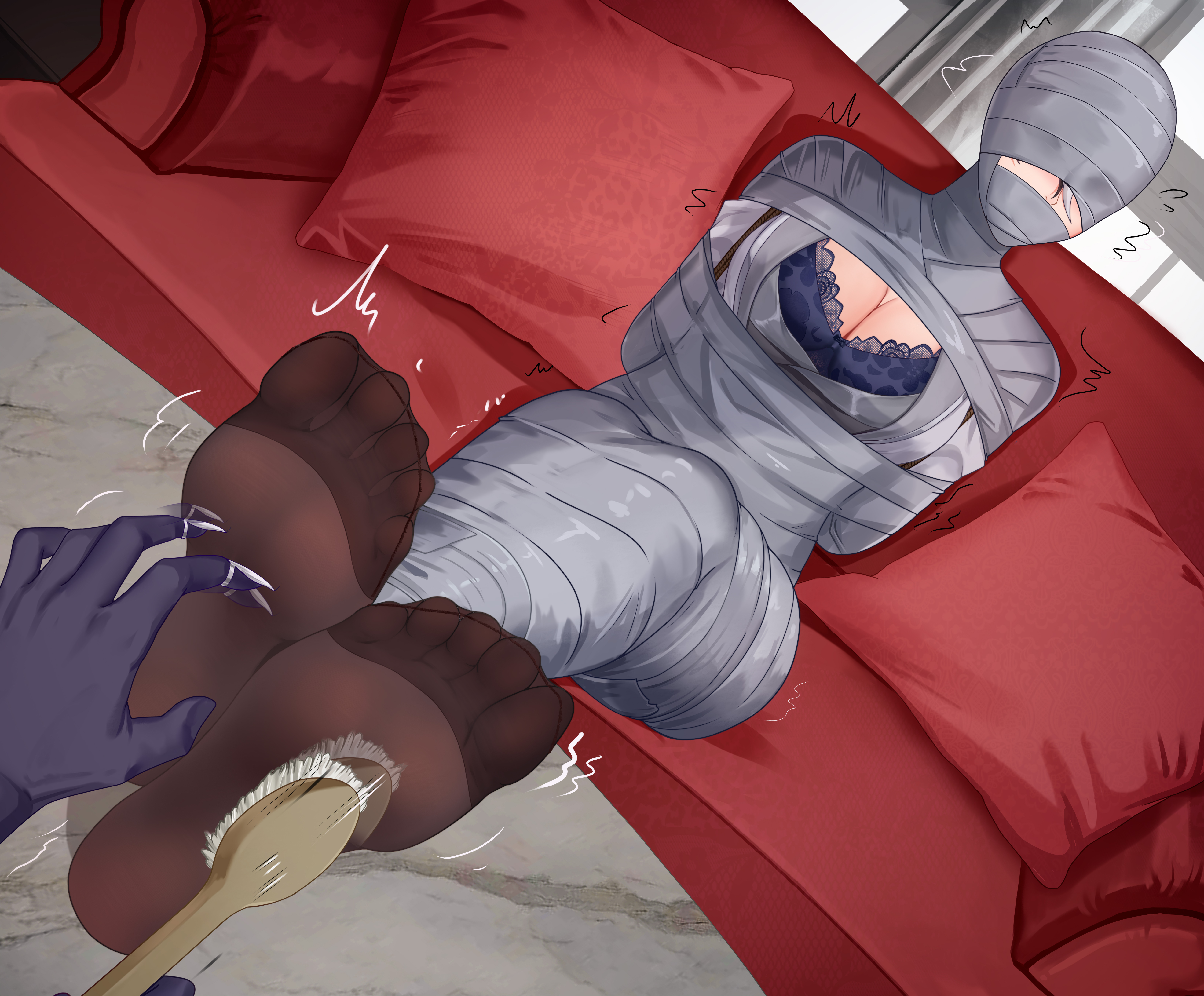 1girl 1other absurdres arlecchino_(genshin_impact) arms_behind_back bdsm black_pants blue_bra bondage bound bra breasts cleavage commentary_request couch dutch_angle gagged genshin_impact grey_hair highres large_breasts medium_breasts mummification_(bound) no_shoes pants pantyhose pillow sitting solo_focus tape underwear yuehei_dao