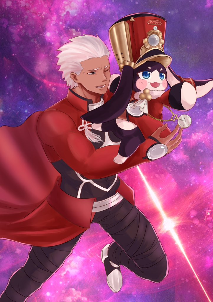 1boy archer_(fate) armor coat crossover dark-skinned_male dark_skin fate/stay_night fate/unlimited_blade_works fate_(series) honkai:_star_rail honkai_(series) pom-pom_(honkai:_star_rail) red_coat space tan white_hair yuyulisakura
