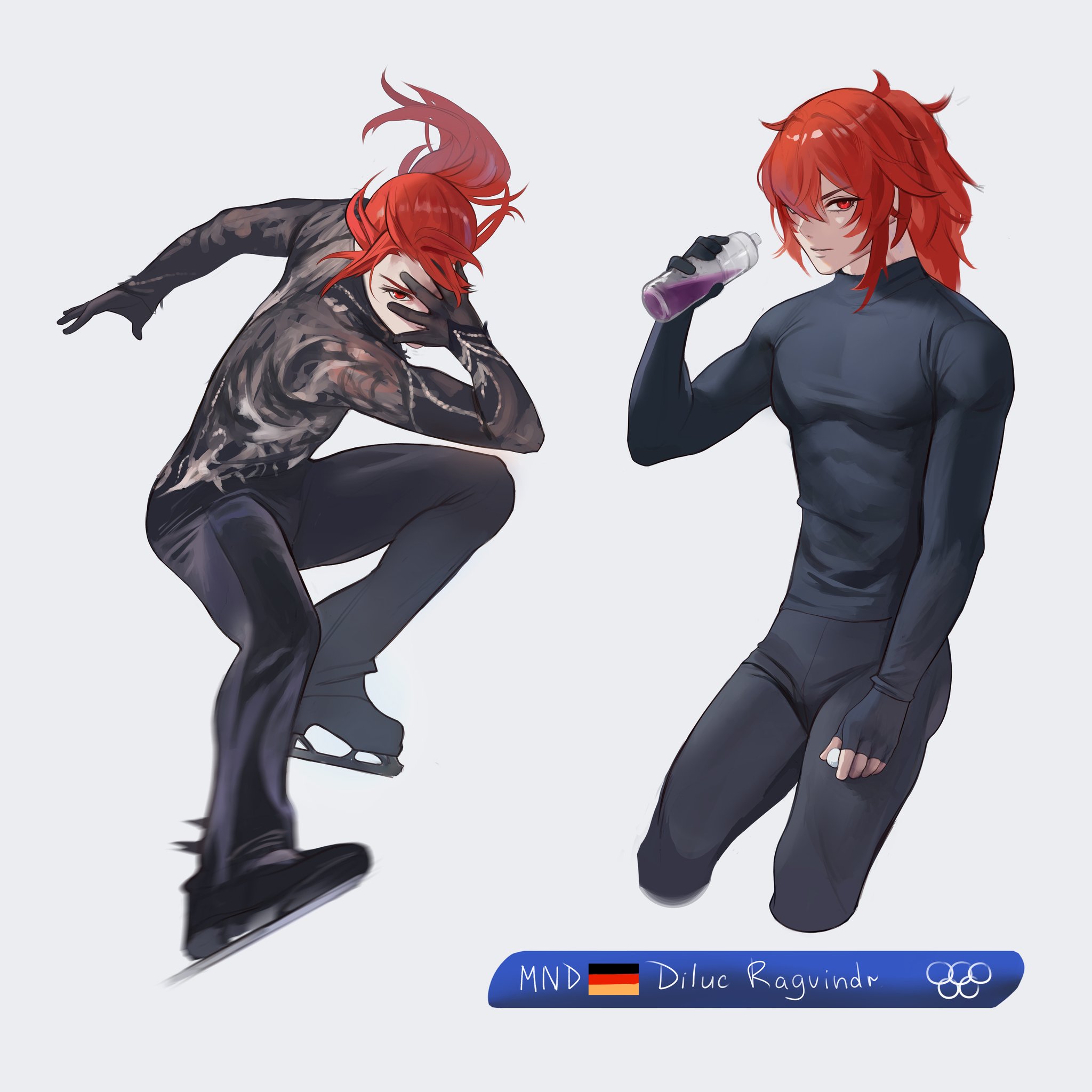 1boy alternate_costume black_gloves black_pants black_shirt bottle character_name commentary diluc_(genshin_impact) figure_skating fingerless_gloves genshin_impact german_flag gloves hair_between_eyes highres holding holding_bottle ice_skates ice_skating long_hair looking_back lu_luu99 male_focus motion_blur multiple_views olympic_rings olympics pants ponytail red_eyes red_hair shirt sidelocks simple_background single_fingerless_glove skates skating skin_tight white_background