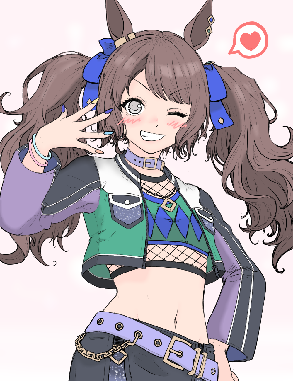 1girl animal_ears bangle blue_eyes blush bracelet breasts brown_hair collar commentary_request fishnet_top fishnets green_jacket green_shirt grin hands_up heart highres horse_ears horse_girl ichimisan jacket jewelry long_hair long_sleeves looking_at_viewer multicolored_nails navel open_clothes open_jacket purple_collar shirt simple_background smile solo spoken_heart stomach tosen_jordan_(umamusume) twintails umamusume upper_body