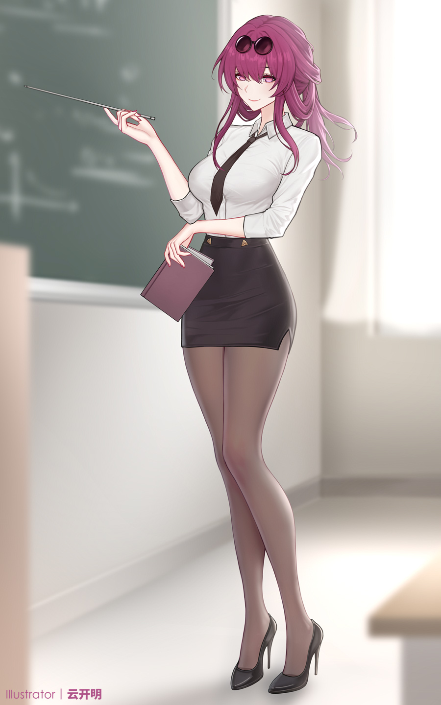 1girl alternate_costume artist_name black_necktie black_pantyhose black_shoes black_skirt blurry blurry_background book breasts chalkboard classroom collared_shirt commentary eyewear_on_head full_body glasses hashtag-only_commentary high_heels highres holding holding_book honkai:_star_rail honkai_(series) indoors kafka_(honkai:_star_rail) large_breasts long_hair looking_at_viewer nail_polish necktie paid_reward_available pantyhose pince-nez purple_eyes purple_hair purple_nails round_eyewear shirt shirt_tucked_in shoes skirt solo standing sunglasses teacher white_shirt yunkaiming
