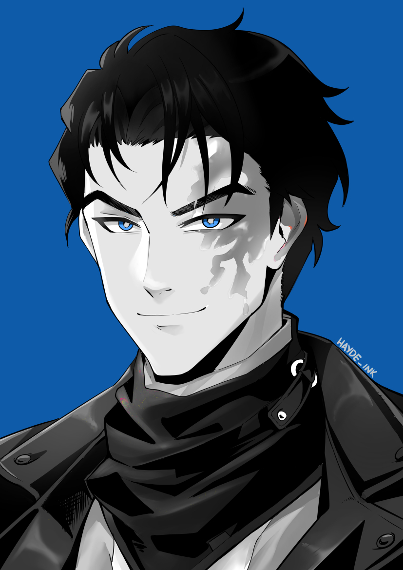 1boy blue_background blue_eyes burn_scar closed_mouth greyscale_with_colored_background hayde_ink j_(reverse:1999) jacket looking_at_viewer male_focus neckerchief portrait reverse:1999 scar scar_on_face short_hair smile solo spot_color twitter_username