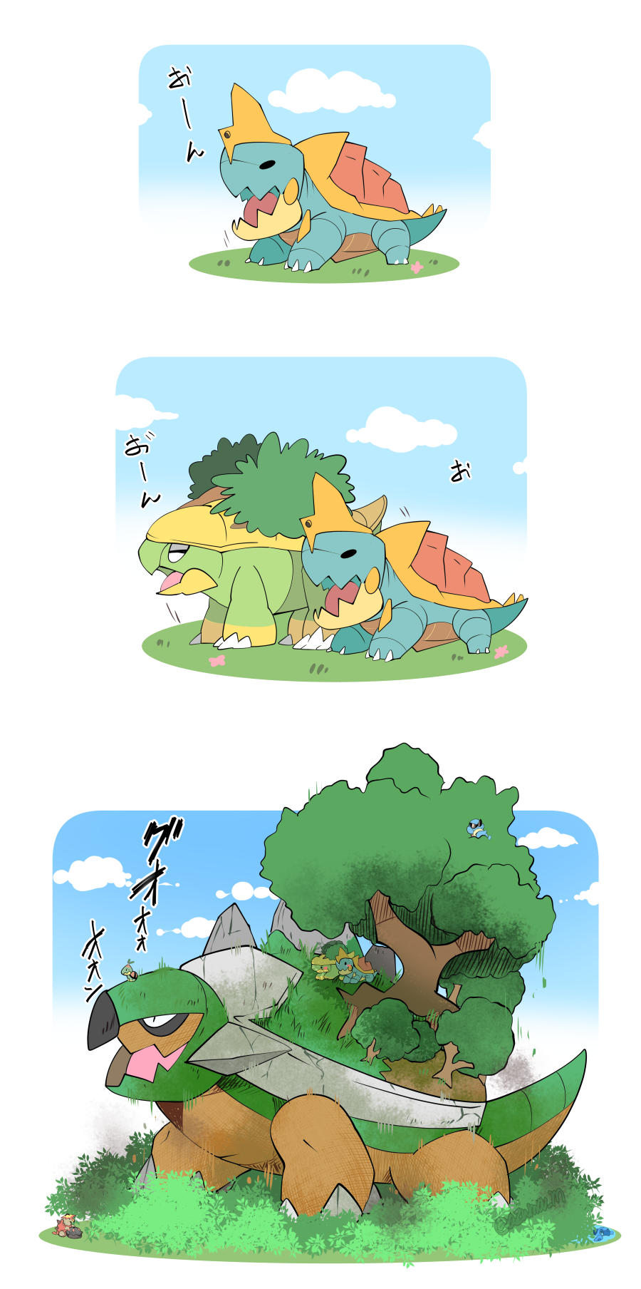 artist_name azuma_minatsu black_eyes bush closed_eyes cloud commentary_request day drednaw dynamax gen_1_pokemon gen_4_pokemon gen_5_pokemon gen_7_pokemon gen_8_pokemon grass grotle highres nintendo no_humans on_head open_mouth pokemon pokemon_(creature) pokemon_on_head sky solid_oval_eyes squirtle tirtouga tongue torterra tree turtonator turtwig watermark