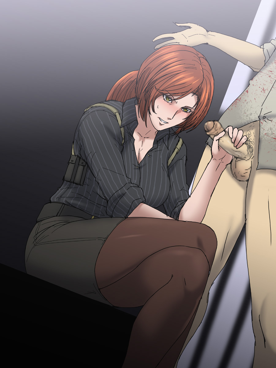 1boy 1girl anna_grimsdottir blood blush bottomless censored greco_roman_(spiral_brain) handjob hetero highres crossed_legs pantyhose penis pubic_hair red_hair splinter_cell yellow_eyes