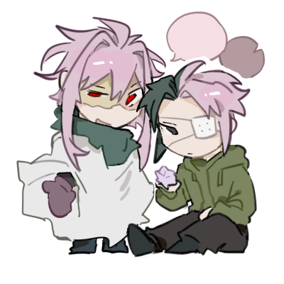 2boys black_eyes black_hair blank_speech_bubble brown_gloves chibi chibi_only chinese_commentary cloak closed_mouth commentary_request eyepatch gloves green_jacket hair_between_eyes hair_intakes jacket lei_renqun_xing_shanyao_shi long_sleeves lowres male_focus medical_eyepatch multicolored_hair multiple_boys mutsushika_misumi nijou_ryuu open_mouth parted_bangs pink_hair red_eyes saibou_shinkyoku short_hair short_hair_with_long_locks simple_background sitting smile speech_bubble split-color_hair two-tone_hair uneven_eyes white_background white_cloak