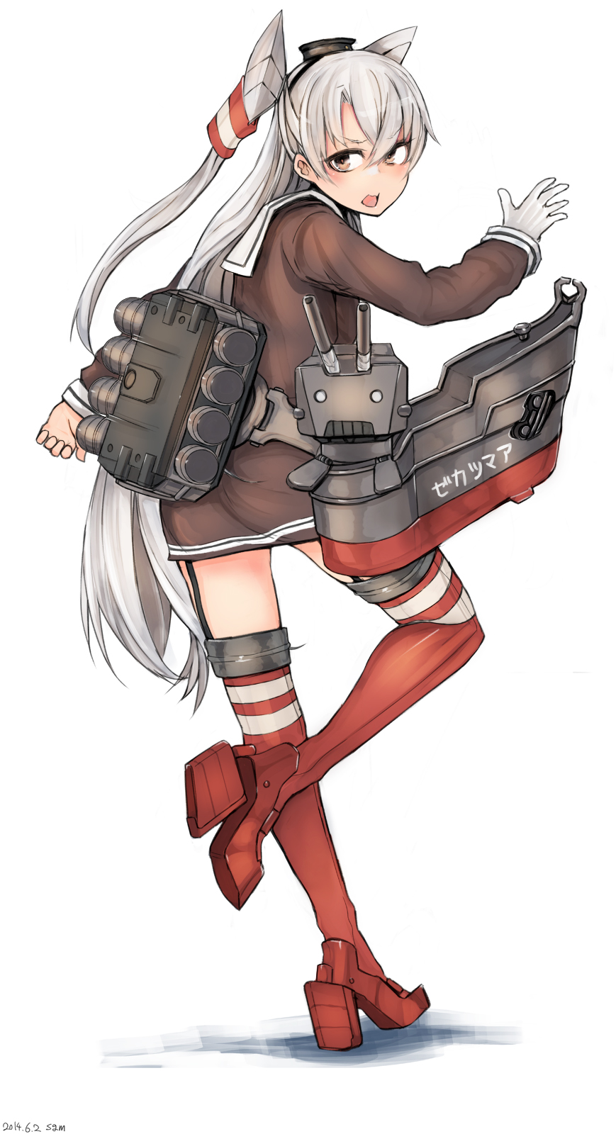 10s 1girl amatsukaze_(kancolle) dress female_focus garter_straps gloves hair_tubes highres kantai_collection long_hair rensouhou-kun sailor_dress short_dress sigama silver_hair simple_background single_glove solo striped_clothes striped_thighhighs thighhighs two_side_up very_long_hair white_background zettai_ryouiki