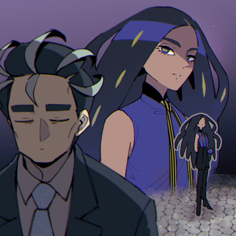 1boy 1girl black_hair black_jacket black_pants blue_eyes blue_gloves blue_shirt closed_mouth collared_shirt dark-skinned_female dark_skin eyelashes geeta_(pokemon) gloves grey_hair jacket larry_(pokemon) long_hair long_sleeves mogutory multicolored_hair neck_ribbon necktie nintendo pants pokemon pokemon_sv ribbon shirt short_hair streaked_hair two-tone_hair yellow_ribbon