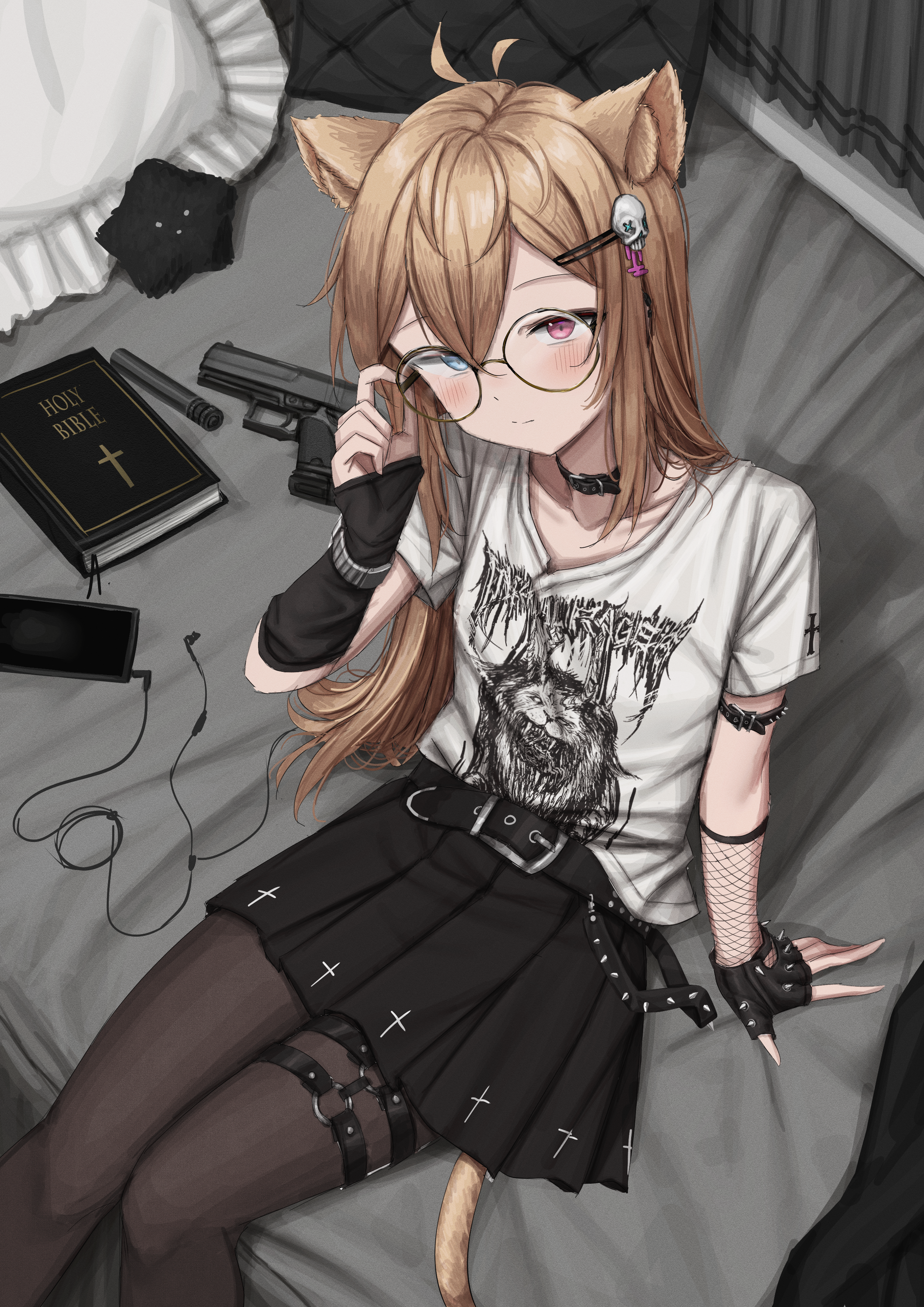 1boy absurdres adjusting_eyewear animal_ears band_shirt belt bible_(object) black_belt black_gloves black_skirt blue_eyes blush cat_ears cat_tail cellphone choker commission cross earbuds earphones fingerless_gloves from_above glasses gloves gun h&k_usp hair_ornament handgun heavy_metal heterochromia highres indie_virtual_youtuber itemlabel light_brown_hair lobsteranian male_focus merchandise metal_band_text on_bed pantyhose phone pillow pink_eyes pleated_skirt punk round_eyewear shirt sitting skirt smartphone solo studded_gloves sucklet t-shirt tail trap virtual_youtuber weapon white_shirt yooni_(vtuber)