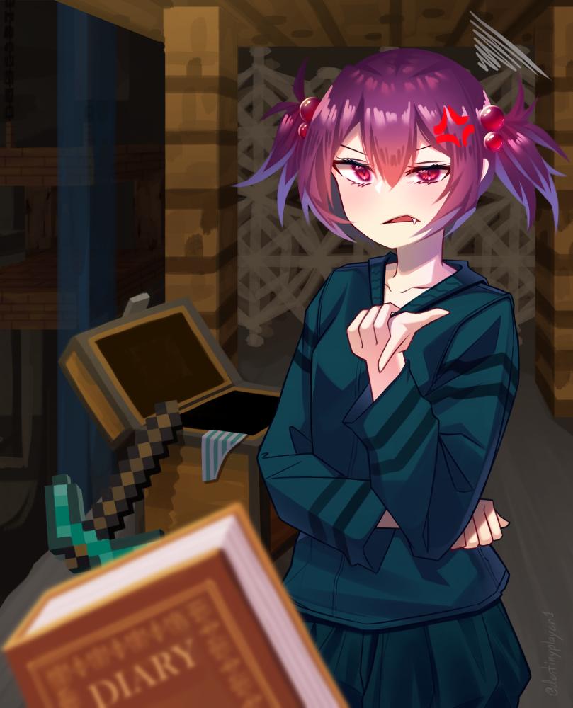1girl anger_vein black_skirt borrowed_character cave_spider collarbone destinyplayer1 fang hair_bobbles hair_ornament long_sleeves looking_at_viewer minecraft minecraft_pickaxe panties parted_lips personification pickaxe purple_hair red_eyes short_hair short_twintails skirt solo striped_clothes striped_panties twintails underwear