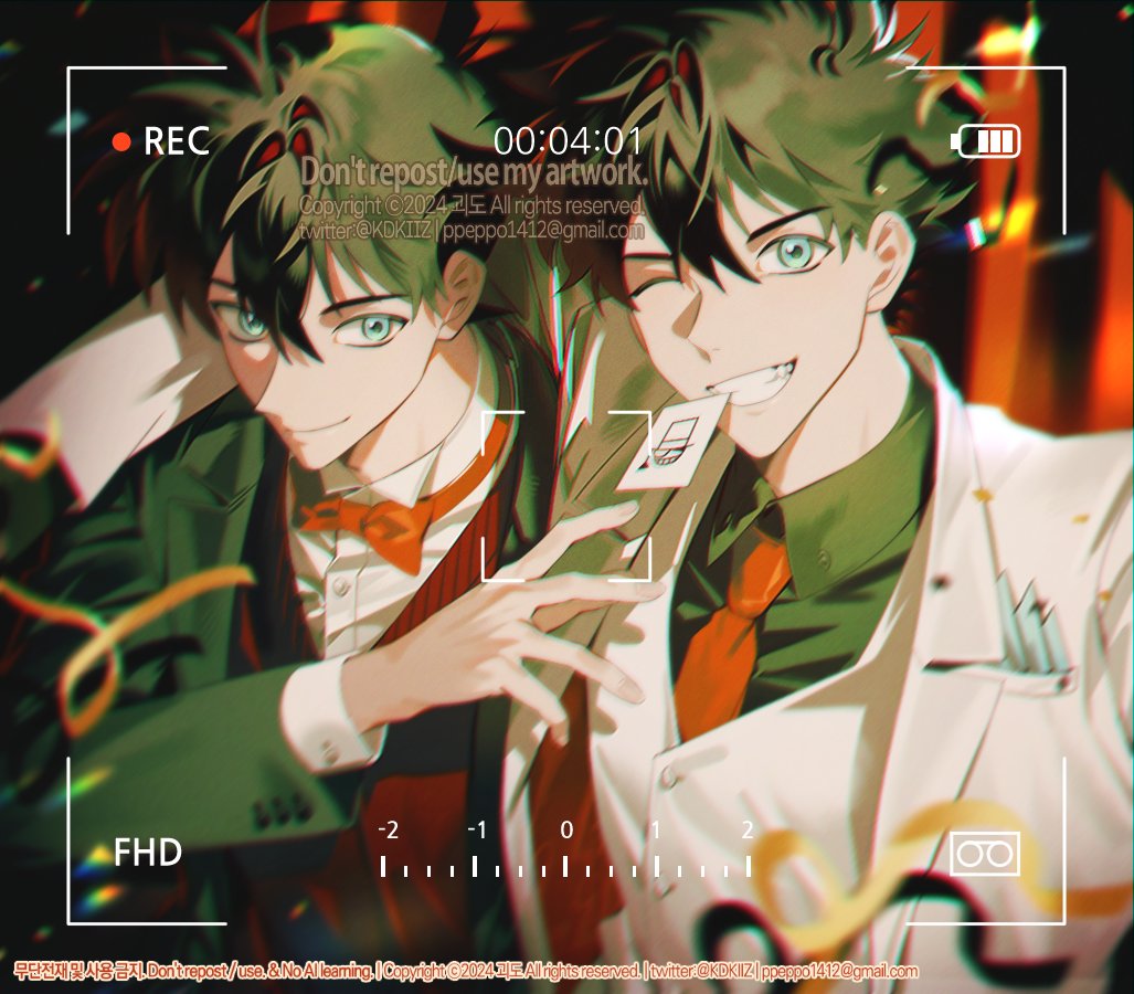 2boys battery_indicator black_hair black_jacket blue_eyes bow bowtie closed_mouth collared_shirt commentary grin jacket kaitou_kid kidkuroba4869 kudou_shin&#039;ichi long_sleeves looking_at_viewer magic_kaito male_focus meitantei_conan mouth_hold multiple_boys necktie recording red_bow red_bowtie red_necktie red_vest shirt short_hair smile suit_jacket symbol-only_commentary teeth_hold timestamp upper_body vest viewfinder waistcoat watermark white_jacket white_shirt white_vest