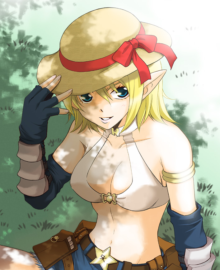 1girl belt belt_buckle belt_pouch bikini bikini_top_only black_gloves blonde_hair blue_eyes blue_shorts bow breasts brown_belt buckle cleavage commentary_request dappled_sunlight elbow_gloves fingerless_gloves gloves grass hat hat_bow looking_at_viewer medium_breasts navel pointy_ears pouch ragnarok_online red_bow shiikasan short_hair short_shorts shorts sitting smile solo star_(symbol) sun_hat sunlight swimsuit upper_body white_bikini whitesmith_(ragnarok_online)