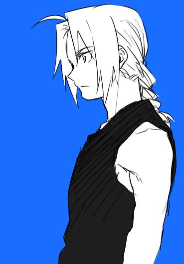 1boy black_shirt blue_background braid edward_elric expressionless fullmetal_alchemist long_hair looking_away male_focus monochrome riru shirt sleeveless solo standing