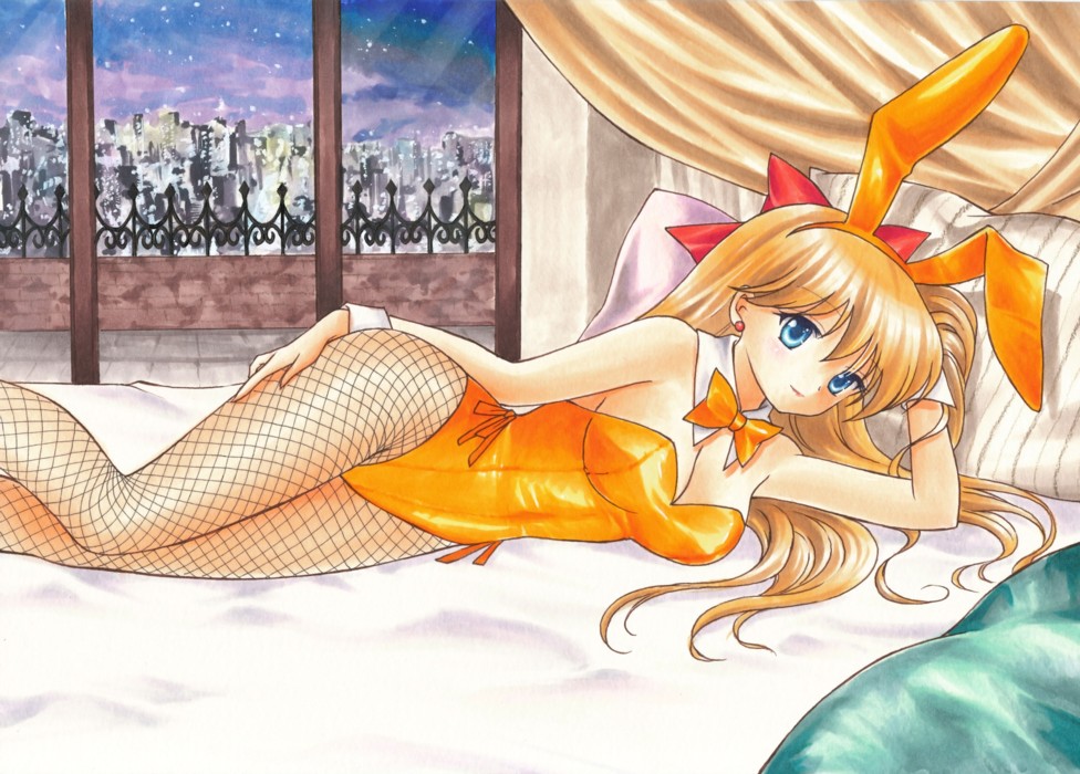 1girl aino_minako animal_ears bishoujo_senshi_sailor_moon blonde_hair blue_eyes bow breasts fishnet_pantyhose fishnets hair_bow large_breasts leotard long_hair looking_at_viewer lying pantyhose playboy_bunny rabbit_ears sailor_venus smile solo tegaki_no_yuu wrist_cuffs