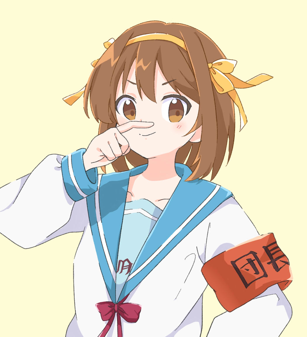 1girl blue_sailor_collar brown_eyes brown_hair closed_mouth commentary_request finger_to_own_nose hair_ribbon hairband kita_high_school_uniform ko^^ long_sleeves medium_hair neck_ribbon orange_hairband orange_ribbon red_ribbon ribbon sailor_collar school_uniform serafuku shirt simple_background smile solo suzumiya_haruhi suzumiya_haruhi_no_yuuutsu upper_body white_shirt yellow_background
