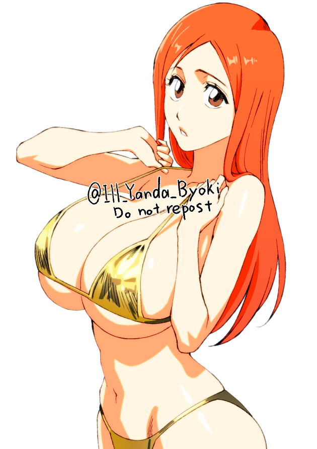 artist_name bare_shoulders bikini bleach breasts brown_eyes collarbone english_text gold_bikini ill_yanda_byoki inoue_orihime large_breasts orange_hair simple_background swimsuit white_background