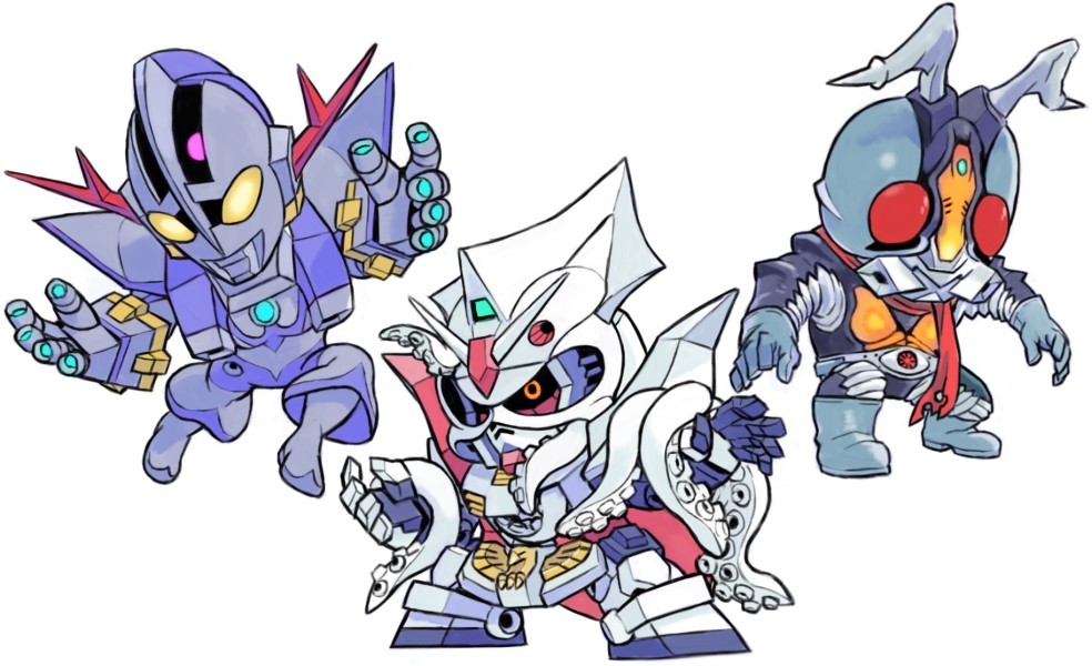 aburaya_tonbi chibi compati_hero fusion gundam ikadevil kaiju kamen_rider kamen_rider_(1st_series) kamen_rider_1 mecha mobile_suit mobile_suit_gundam no_humans open_hands red_eyes robot rx-78-2_gundam science_fiction tokusatsu ultra_series ultraman ultraman_(1st_series) v-fin white_background zeong zetton