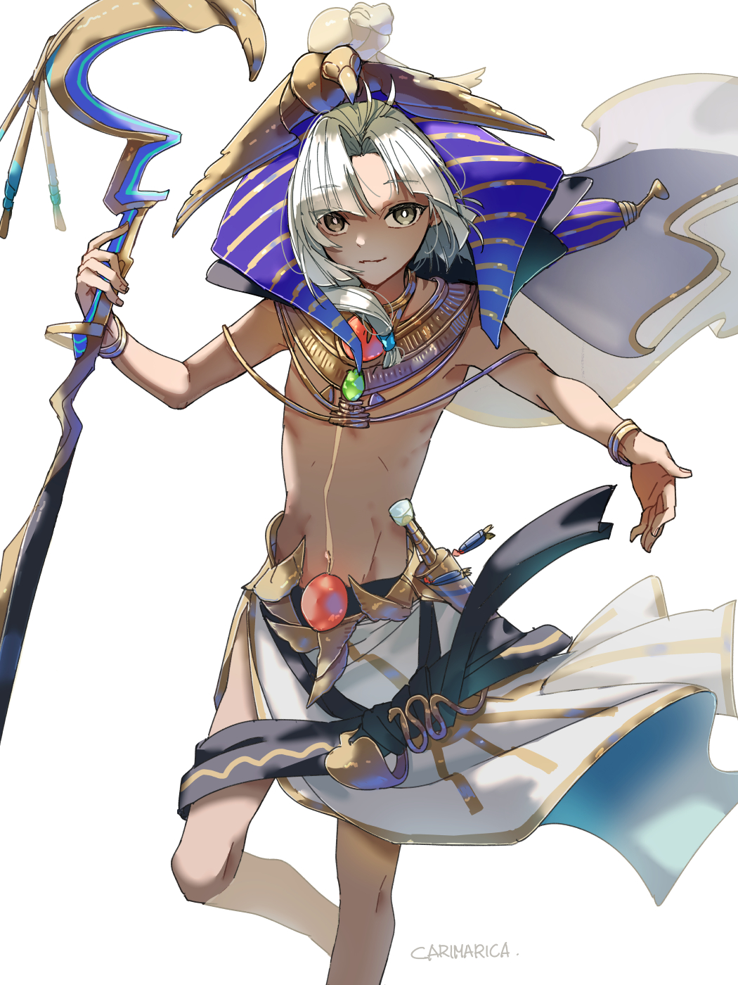 1boy ancient_egyptian_clothes artist_name carimarica closed_mouth commentary_request dark-skinned_male dark_skin fate/grand_order fate_(series) grey_eyes grey_hair highres holding jewelry long_hair looking_at_viewer male_focus simple_background solo topless_male tutankhamun_(fate) tutankhamun_(second_ascension)_(fate) usekh_collar white_background