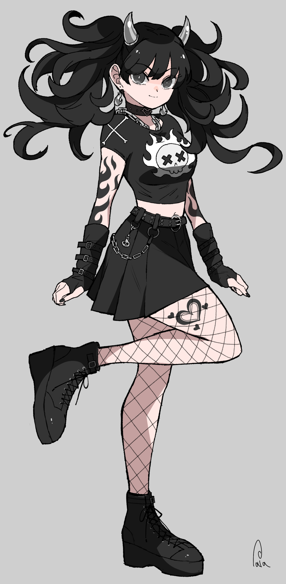 1girl arm_tattoo belt black_belt black_choker black_eyes black_gloves black_hair black_nails black_shirt black_shoes black_skirt chain chain_necklace choker closed_mouth earrings fingerless_gloves fishnet_pantyhose fishnets full_body gloves goth_fashion grey_background highres horns jewelry leg_tattoo long_hair midriff nail_polish navel necklace original pantyhose shirt shoes short_sleeves simple_background skirt skull_print smile solo standing standing_on_one_leg sushi_pizza_rrr tattoo twintails