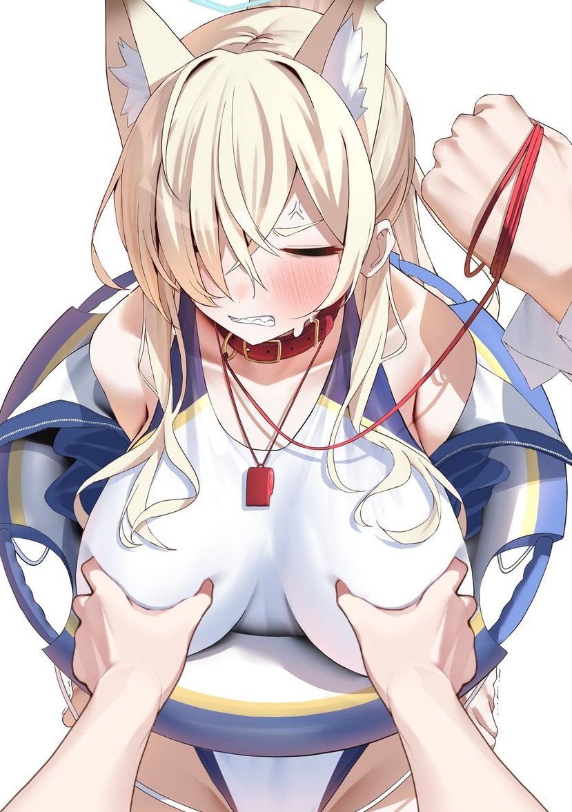 1girl 2others anger_vein animal_collar animal_ear_fluff animal_ears blonde_hair blue_archive blue_halo blush clenched_teeth closed_eyes collar competition_swimsuit dog_ears extra_ears grabbing_another&#039;s_breast groin groping hair_over_one_eye halo kanna_(blue_archive) kanna_(swimsuit)_(blue_archive) lifebuoy long_hair meme multiple_others nidaime_(doronbo) official_alternate_costume one-piece_swimsuit ponytail pov_cheek_grabbing_(meme) simple_background solo_focus swim_ring swimsuit teeth whistle whistle_around_neck white_background white_one-piece_swimsuit