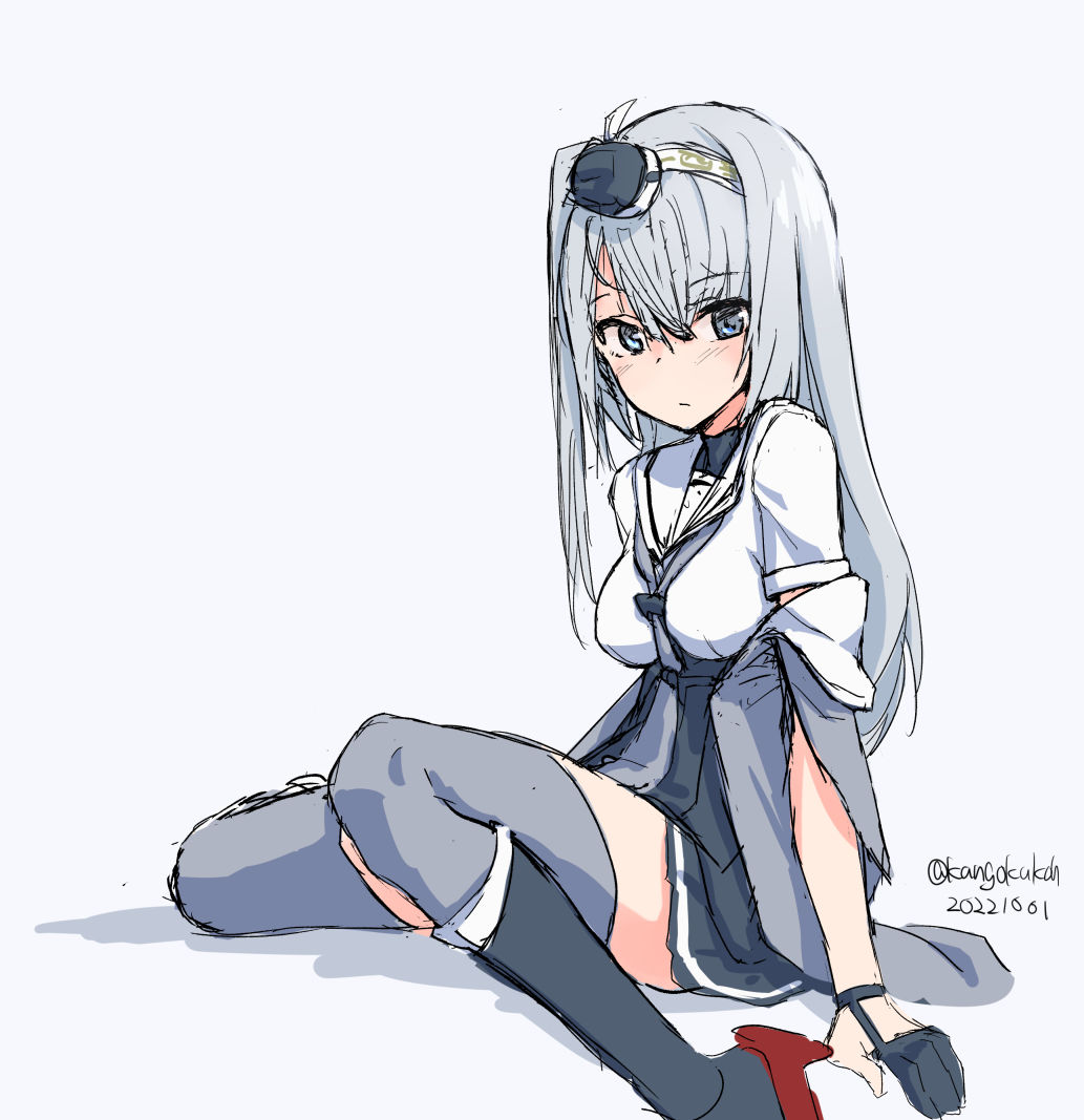 1girl black_gloves breasts clothes_writing fuyutsuki_(kancolle) gloves grey_eyes grey_neckerchief grey_skirt grey_thighhighs hachimaki hair_between_eyes half_gloves headband kangoku_kou kantai_collection long_hair looking_at_viewer medium_breasts microskirt neckerchief one_side_up pleated_skirt sailor_collar school_uniform serafuku simple_background sitting skirt solo thighhighs white_background white_hair white_headband white_sailor_collar