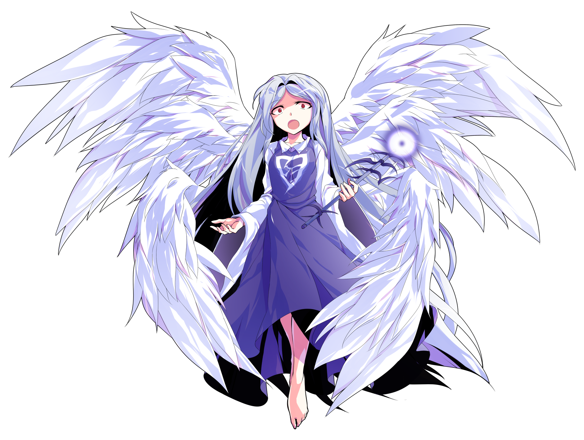 1girl :o alphes_(style) angel angel_wings barefoot blue_hair breasts closed_mouth collarbone collared_shirt commentary_request dairi dress feathered_wings full_body genderswap genderswap_(otf) hair_intakes highres holding holding_scepter left-handed long_hair long_sleeves looking_at_viewer multiple_wings open_mouth parody parted_bangs purple_dress red_eyes sariel_(touhou) scepter seraph shirt smile solo style_parody tachi-e touhou touhou_(pc-98) transparent_background very_long_hair white_wings wide_sleeves wings