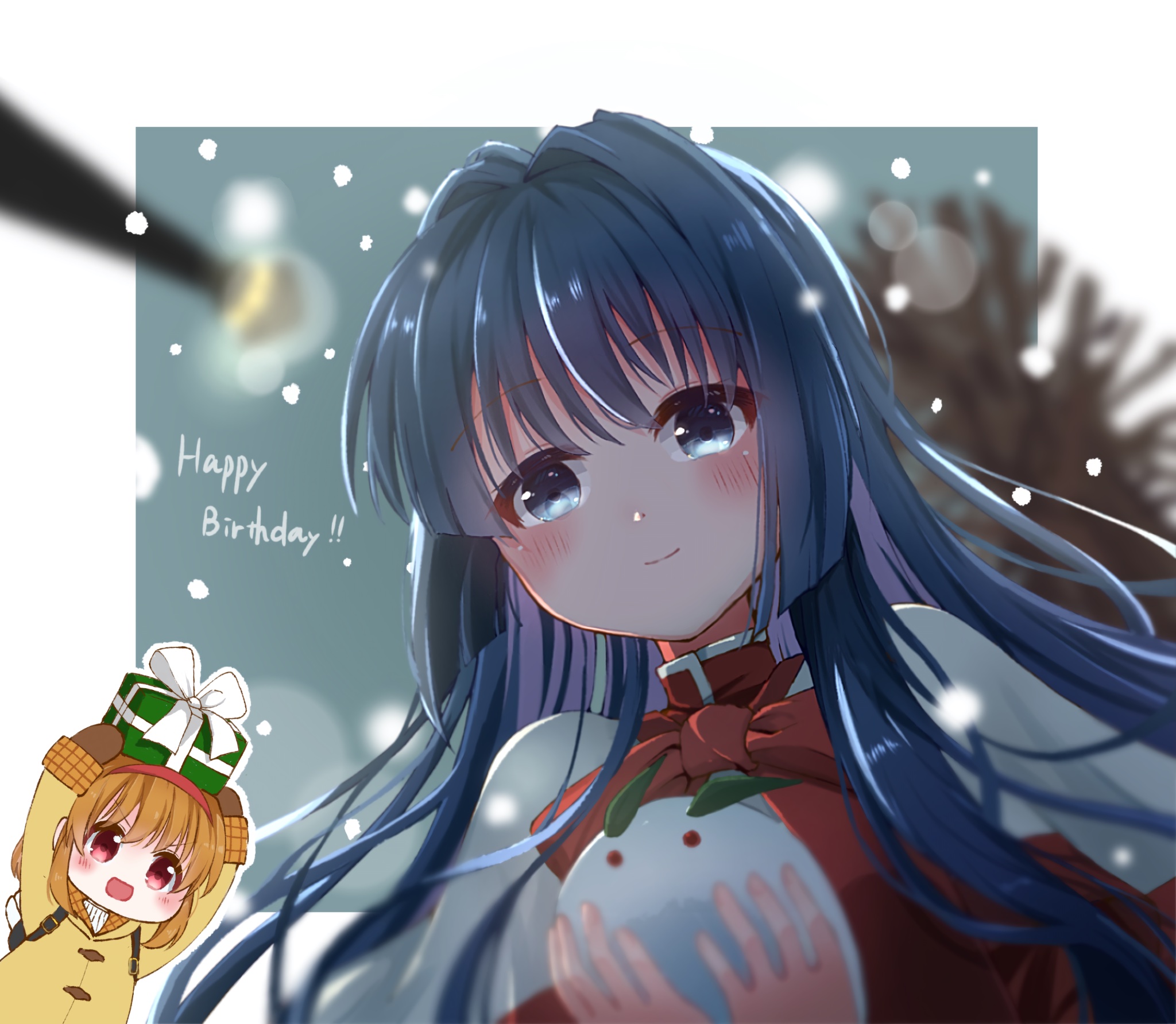 2girls :d arms_up blue_eyes blue_hair blunt_ends blurry blurry_background blush border bow bowtie box brown_hair brown_mittens capelet chibi chibi_inset closed_mouth coat commentary_request gift gift_box hair_between_eyes hair_intakes hairband happy happy_birthday highres holding holding_gift kanon long_hair long_sleeves looking_at_object medium_hair minase_nayuki mittens multiple_girls open_mouth outdoors outside_border red_bow red_bowtie red_hairband school_uniform sidelocks smile snow_rabbit snowing solo_focus suiryuu_(suiryu_47) tareme tsukimiya_ayu upper_body v-shaped_eyebrows white_border white_capelet winter yellow_coat