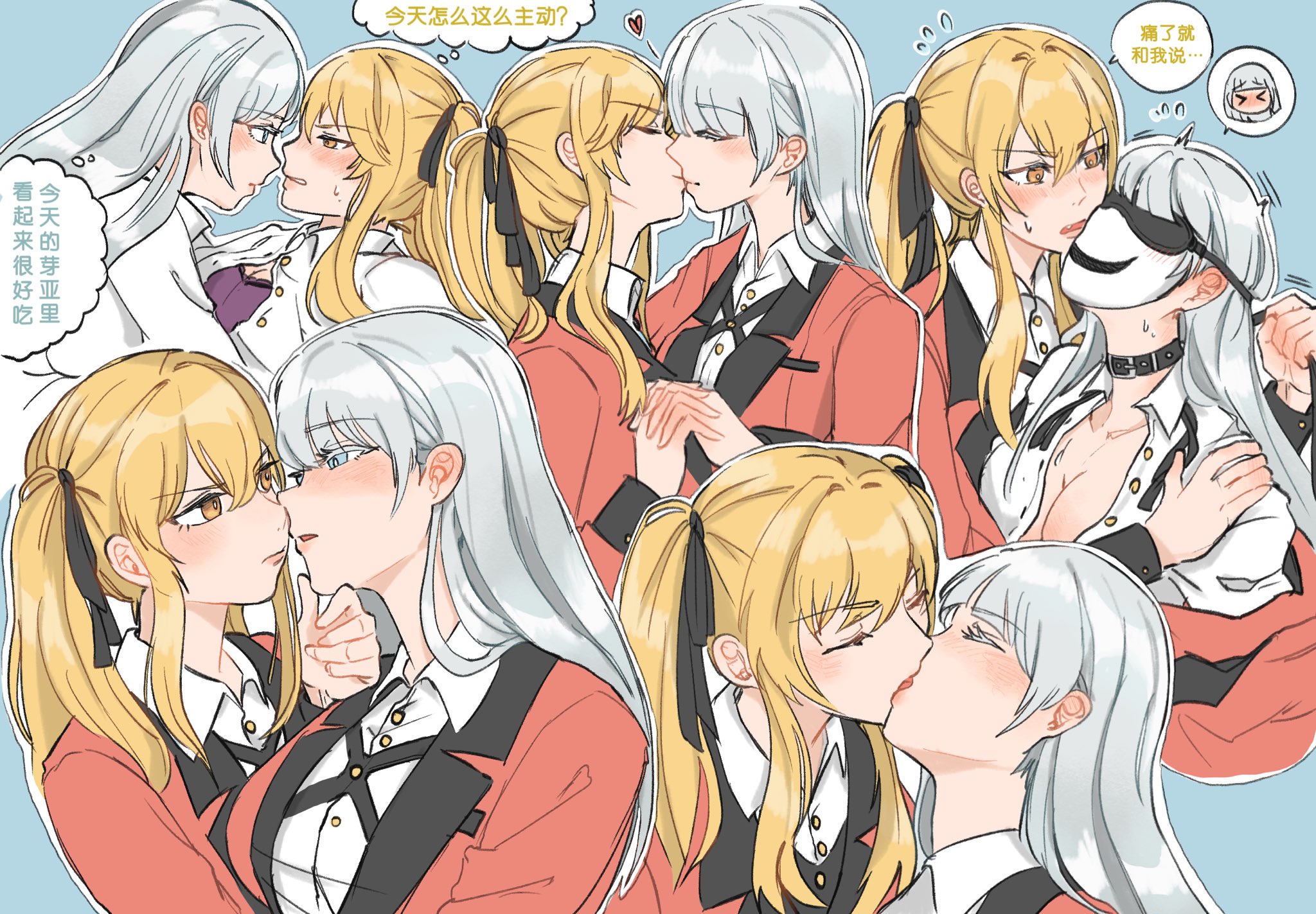 &gt;_&lt; 2girls black_ribbon blue_background blue_eyes chinese_text closed_eyes closed_mouth collar collared_shirt dogbrooo eye_contact french_kiss hair_down hair_ribbon hand_on_another&#039;s_chin heart highres holding_hands interlocked_fingers jacket kakegurui kiss looking_at_another momobami_ririka multiple_girls outline red_jacket ribbon saotome_mary school_uniform shirt speech_bubble thought_bubble translation_request twintails white_outline white_shirt yellow_eyes yuri