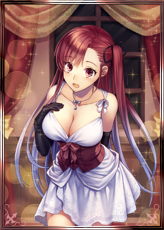 00s 10s 1girl black_gloves black_ribbon breasts brown_eyes cleavage collarbone dress female_focus gloves hair_ribbon indoors large_breasts leaning_forward long_hair lowres multicolored_hair necktie one_side_up open_mouth red_hair ribbon riela_marcellis senjou_no_valkyria senjou_no_valkyria_(series) senjou_no_valkyria_3 silver_hair solo two-tone_hair white_dress window yamigo