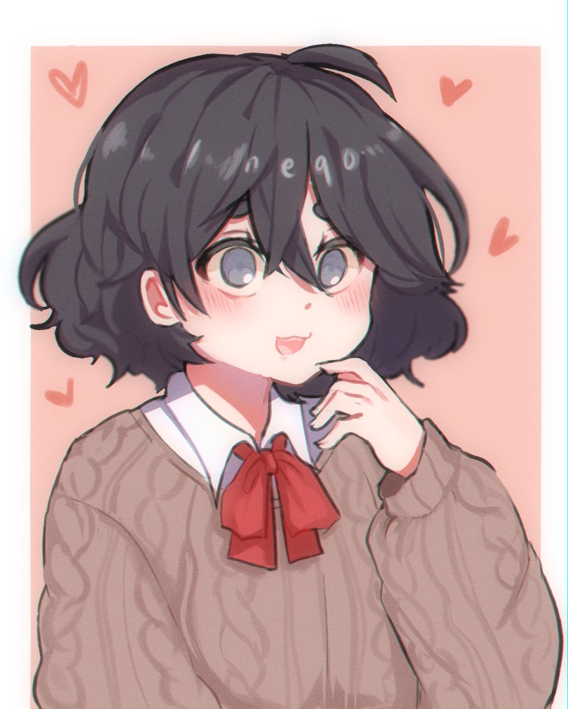 1girl :d aran_sweater black_hair sophie_(popopoka) blush borrowed_character cable_knit commentary grey_eyes hair_between_eyes hand_to_own_mouth heart long_sleeves looking_at_viewer medium_hair neqo_(neneneqo) open_mouth original pink_background simple_background smile solo sweater symbol-only_commentary upper_body wing_collar