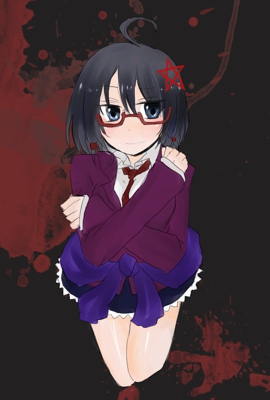 1girl black_hair blood blue_eyes corpse_party female_focus glasses hair_ornament purple_hair saenoki_naho school_uniform short_hair solo