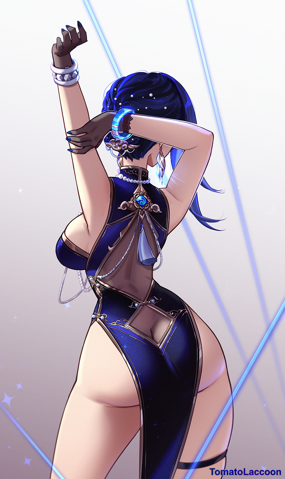 1girl alternate_costume alternate_hairstyle arms_up ass back backboob bare_shoulders blue_hair breasts butt_crack facing_away from_behind genshin_impact hair_ornament highres large_breasts nape short_hair solo standing tomatolaccoon underbutt wide_shot yelan_(genshin_impact)