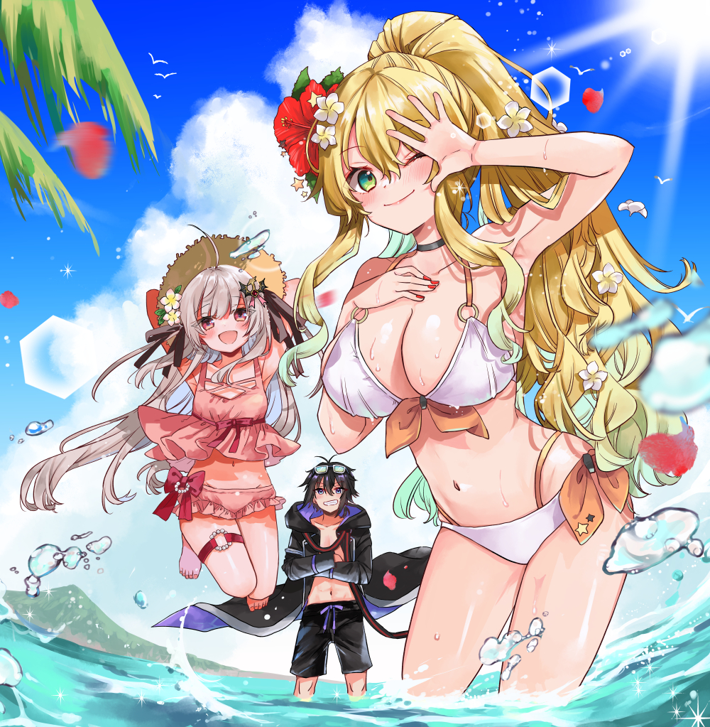 1boy 2girls :d ;) animal arm_up armpits arms_behind_back arms_up bare_arms bare_shoulders bikini bird black_jacket black_male_swimwear blonde_hair blue_sky breasts brown_hat cleavage closed_mouth cloud collarbone commentary_request crossed_arms day flower green_eyes grey_hair hair_between_eyes hair_flower hair_ornament hat hibiscus hood hood_down hooded_jacket jacket long_hair male_swimwear medium_breasts mito_(go!go!king!) multiple_girls navel o-ring o-ring_bikini o-ring_top one_eye_closed open_clothes open_jacket open_mouth original outdoors petals pink_bikini ponytail red_eyes red_flower sky smile straw_hat sun swim_trunks swimsuit very_long_hair wading water water_drop white_bikini white_flower