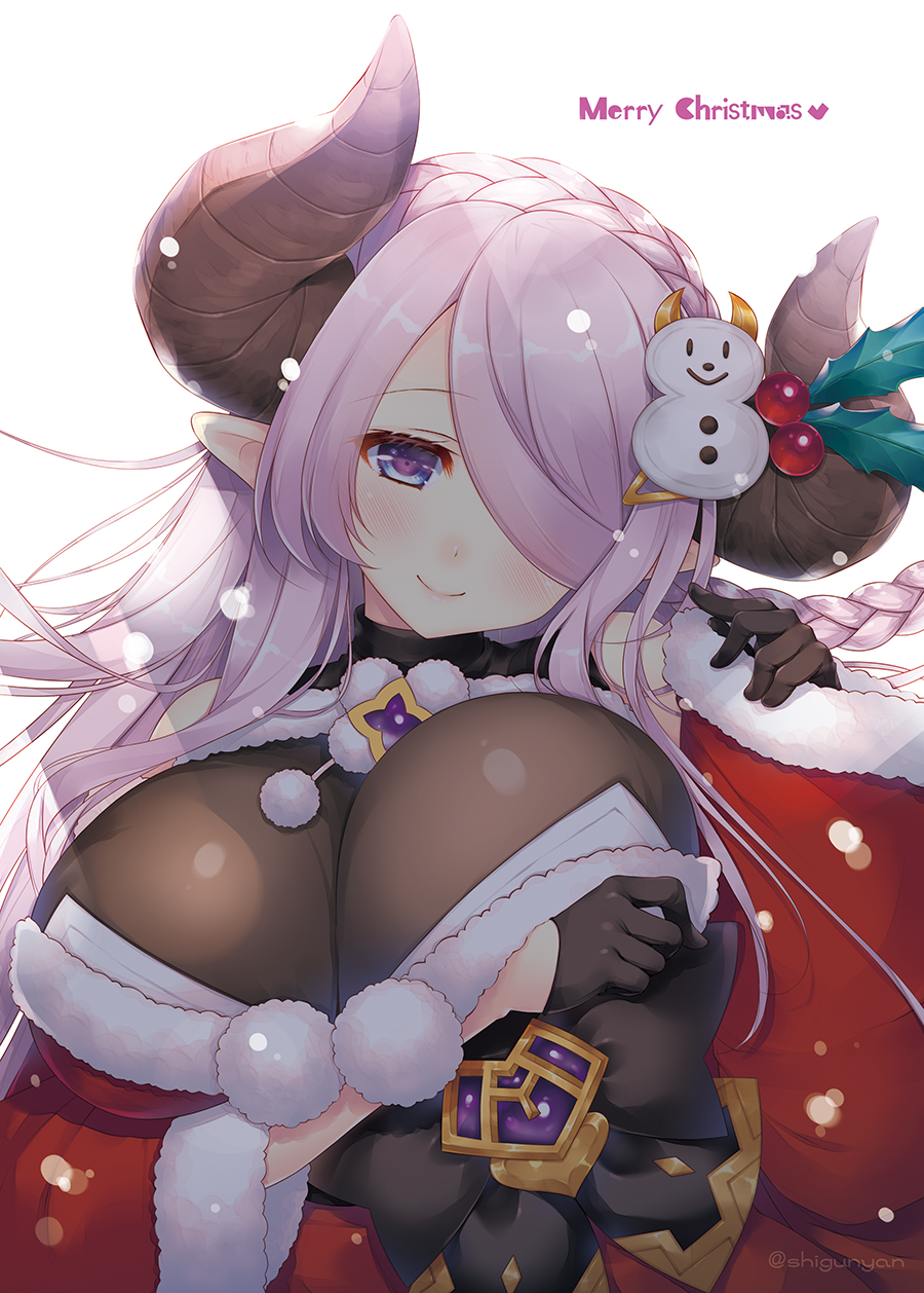 1girl backlighting blue_eyes blush bodysuit braid breast_hold breasts christmas cleavage coat crown_braid draph fur_trim gloves granblue_fantasy graphite_(medium) hair_over_one_eye head_tilt heart heart-shaped_pupils highres holly horns large_breasts light_purple_hair long_hair narmaya_(granblue_fantasy) narmaya_(holiday)_(granblue_fantasy) pointy_ears pom_pom_(clothes) shigunyan simple_background smile snowman_hair_ornament solo symbol-shaped_pupils traditional_media upper_body white_background