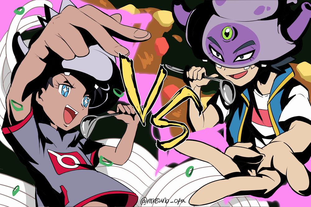 +_+ 2boys :d ash_ketchum black_hair blue_eyes blue_jacket commentary_request fingernails galarian_slowking gen_2_pokemon goh_(pokemon) grey_shirt holding holding_ladle jacket ladle male_focus matsuno_opa multiple_boys nintendo open_mouth pokemon pokemon_(anime) pokemon_(creature) pokemon_journeys shirt short_hair short_sleeves sleeveless sleeveless_jacket slowking smile t-shirt teeth tongue twitter_username upper_teeth_only vs w white_shirt