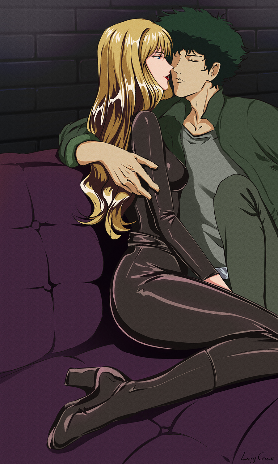 blonde_hair blue_eyes boots catsuit couple cowboy cowboy_bebop curly_hair green_hair highres julia_(cowboy_bebop) leather lucyguusi spike_spiegel spikes western