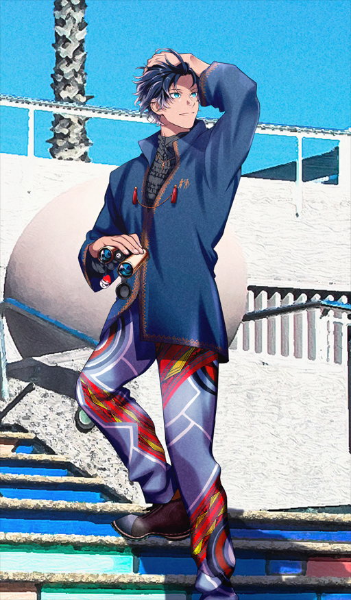 1boy azuazuazu19 bartholomew_roberts_(fate) bartholomew_roberts_(tour_outfit)_(fate) binoculars black_hair black_shirt blue_coat blue_eyes blue_sky brown_shoes closed_mouth coat commentary cross cross_necklace day fate/grand_order fate_(series) foot_out_of_frame frilled_shirt frills hand_on_own_head holding holding_binoculars jewelry latin_cross light_smile long_sleeves male_focus multicolored_pants necklace official_art outdoors pants photo_background print_pants shirt shoes short_hair sky solo stairs standing sunlight tassel third-party_source turtleneck