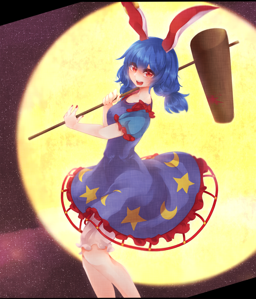 1girl ambiguous_red_liquid animal_ears bad_id bad_pixiv_id bloomers blue_hair dress female_focus hammer irue kine mallet moon moonlight night night_sky open_mouth puffy_short_sleeves puffy_sleeves rabbit_ears red_eyes seiran_(touhou) shikkoku_neko short_hair short_sleeves sky solo stain touhou underwear