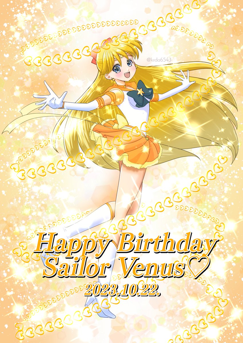 1girl aino_minako birthday bishoujo_senshi_sailor_moon blonde_hair blue_eyes bow earrings gloves heart highres jewelry krda6543 long_hair magical_girl miniskirt red_bow sailor_venus skirt super_sailor_venus_(stars) very_long_hair