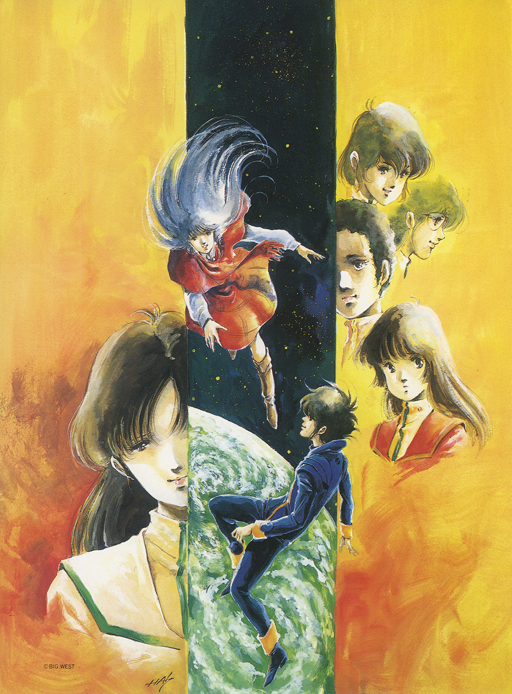 1980s_(style) 1boy 6+girls big_west claudia_lasalle cloud hayase_misa highres ichijou_hikaru jumpsuit kim_kamirov lynn_minmay macross macross:_do_you_remember_love? mikimoto_haruhiko military military_uniform multiple_girls oldschool painting_(medium) planet retro_artstyle scan sdf-1 shammy_milliome signature spacecraft_interior star_(symbol) star_symbol_background traditional_media u.n._spacy vanessa_laird watercolor_(medium) window zero_gravity
