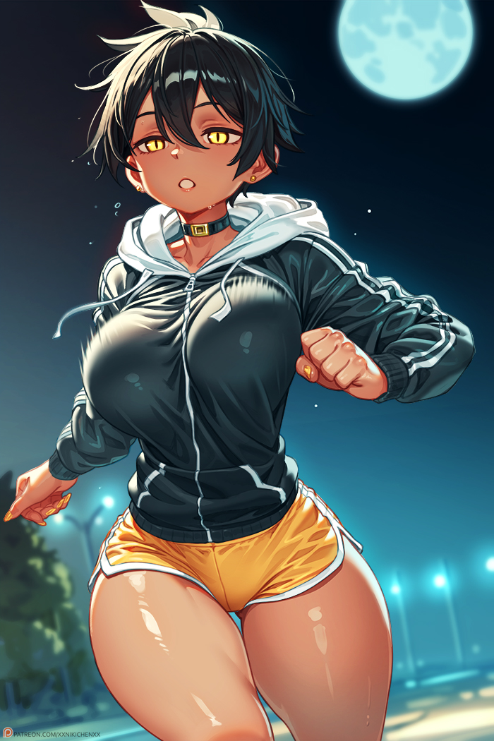 1girl black_hair bouncing_breasts breasts choker dark-skinned_female dark_skin earrings full_moon jacket jewelry kurobe_natsumi large_breasts moon motion_lines night nikichen running senpai_ga_uzai_kouhai_no_hanashi shiny_skin short_hair shorts slit_pupils solo stud_earrings track_jacket yellow_eyes yellow_nails yellow_shorts