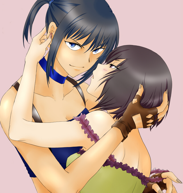 428 428:_fuusa_sareta_shibuya_de alphard_(canaan) bad_id bad_pixiv_id black_hair blue_eyes blush brown_eyes brown_hair canaan_(series) chunsoft gloves hug kurioneko liang_qi nail_polish nightgown ponytail short_hair yuri