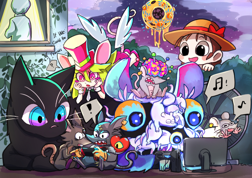 ! 1girl 2boys ? animal_ears blue_eyes blush_stickers brain cat ear_tag exposed_brain flat_screen_tv ghost_rat_(mad_rat_dead) gloves green_hair hamster_wheel hat heart_(mad_rat_dead) hyeon leotard mad_rat mad_rat_dead mimolette_(mad_rat_dead) mob_rat_(mad_rat_dead) mouse_(animal) mouse_ears mouse_girl mouse_tail multiple_boys multiple_eyes musical_note night night_sky nintendo_switch nippon_ichi rat_god red_eyes sky stitches stray_rat_(mad_rat_dead) sun_hat tail television the_cat_(mad_rat_dead) the_girl_(mad_rat_dead) tie_clip top_hat whiskers wings wrist_cuffs