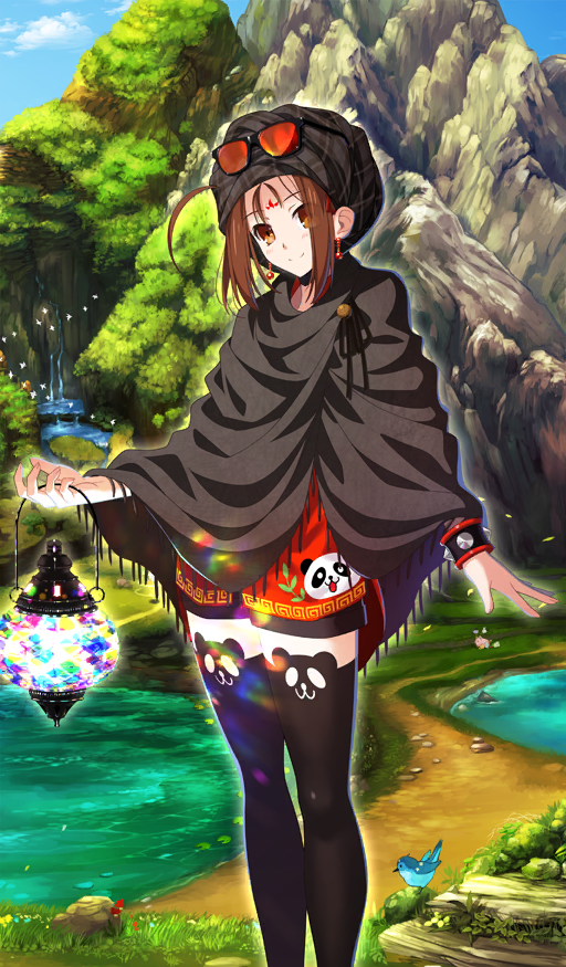 1girl ahoge aotsuki_takao bird black-framed_eyewear black_hat black_ribbon black_shorts black_thighhighs blue_sky blush bracelet brown_hair capelet chinese_clothes closed_mouth cloud commentary day earrings eyewear_on_headwear facial_mark fate/grand_order fate_(series) forehead_mark fringe_trim glowing grey_capelet hat head_tilt holding holding_lantern jewelry lantern looking_at_viewer lost_robin_rondo mountain nature nezha_(fate) nezha_(traveling_outfit)_(fate) official_art orange-tinted_eyewear outdoors panda red_shirt ribbon shirt shorts sidelocks sky smile solo sparkle spiked_bracelet spikes standing sunglasses sunlight thighhighs third-party_source tinted_eyewear water waterfall