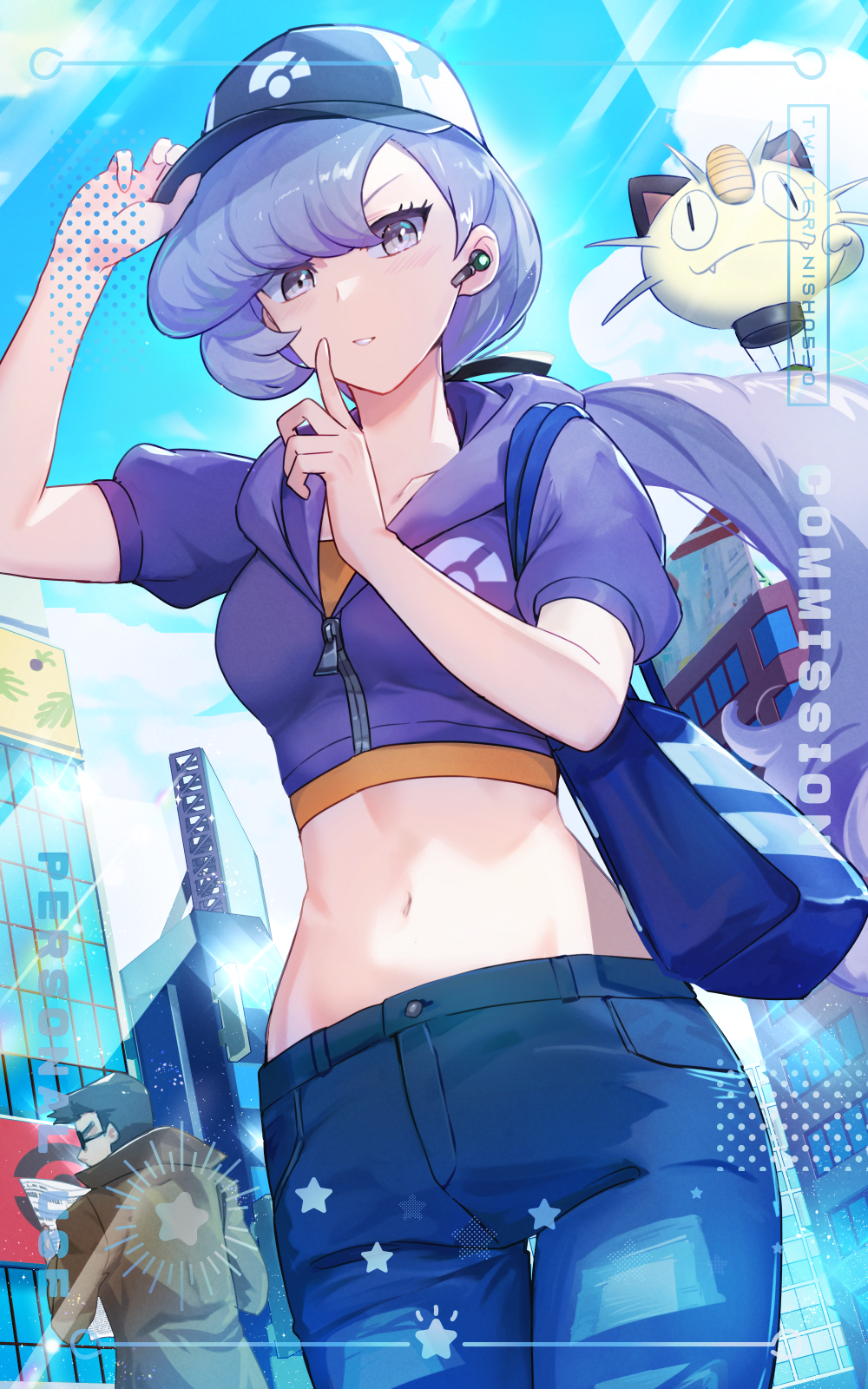 1boy 1girl aircraft anabel_(pokemon) arm_up baseball_cap blue_hair blue_jacket blue_sky breasts city cloud coat commentary_request cowboy_shot crop_top cropped_jacket day denim gen_1_pokemon grey_coat grey_eyes grey_hair hat highres hot_air_balloon hsin jacket jeans long_hair looker_(pokemon) looking_at_viewer medium_breasts meowth midriff navel nintendo orange_shirt pants parted_lips pokemon pokemon_sm shirt sky standing stomach sunglasses thighs very_long_hair
