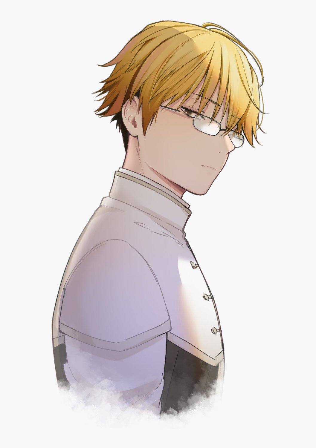 1boy blonde_hair carrot_(robosquat) cropped_arm cropped_torso glasses grey_background highres land_(sousou_no_frieren) light_frown looking_at_viewer looking_to_the_side male_focus solo sousou_no_frieren upper_body