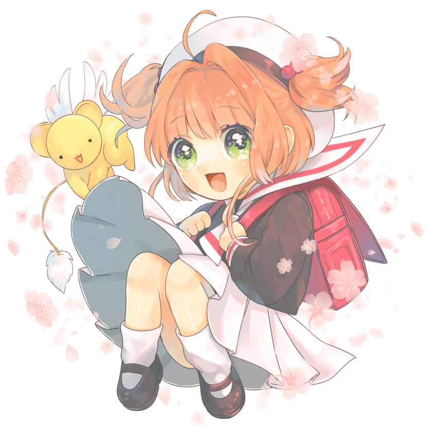 1girl 58_(scbaby) ahoge backpack bag cardcaptor_sakura chibi chibi_only full_body green_eyes hair_bobbles hair_ornament hat kero_(cardcaptor_sakura) kinomoto_sakura mary_janes open_mouth pleated_skirt randoseru shoes sidelocks skirt socks solo white_hat white_socks