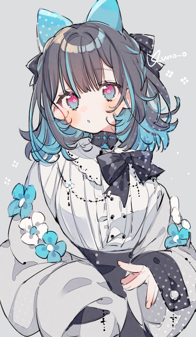 1girl :o artist_name black_bow black_hair black_skirt blue_bow blue_eyes blue_flower blue_hair blue_mouth bow brown_hair collared_shirt colored_inner_hair colored_mouth flower frilled_shirt_collar frills grey_background grey_jacket hair_bow highres jacket jikuno long_sleeves looking_at_viewer medium_hair multicolored_eyes multicolored_hair off_shoulder original pink_eyes shirt shirt_bow simple_background skirt sleeves_past_wrists solo streaked_hair two-tone_hair white_flower white_shirt